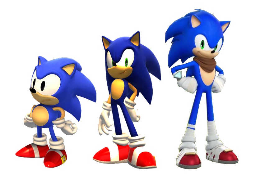 three Sonic the Hedgehog designs