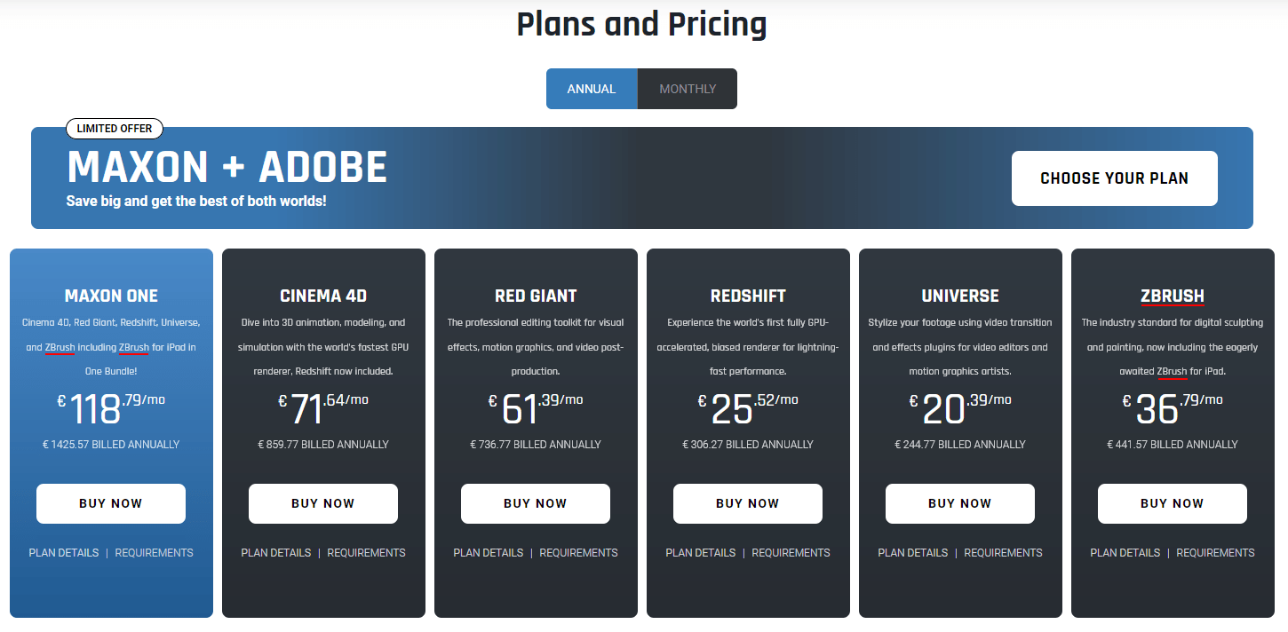 MAXON subscription-only plans as of 2026